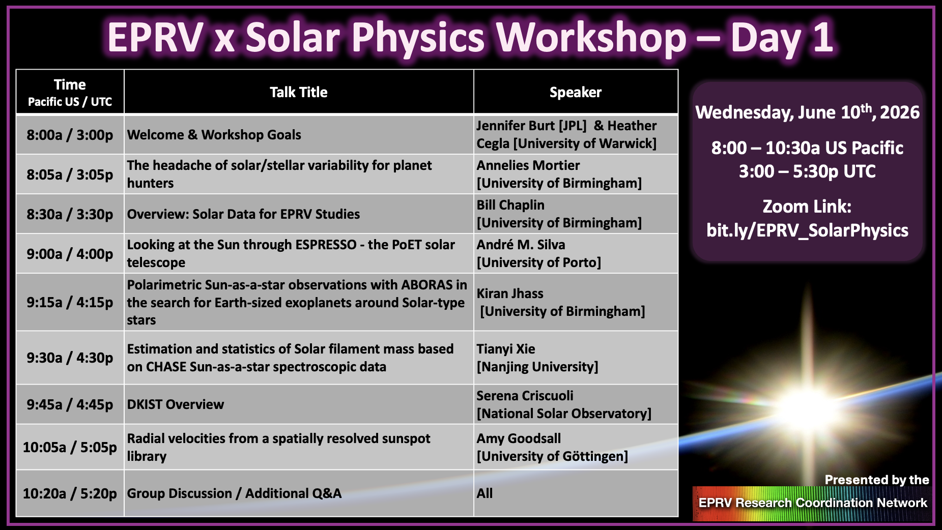 EPRV & Solar Physics Workshop Agenda -- Day 1