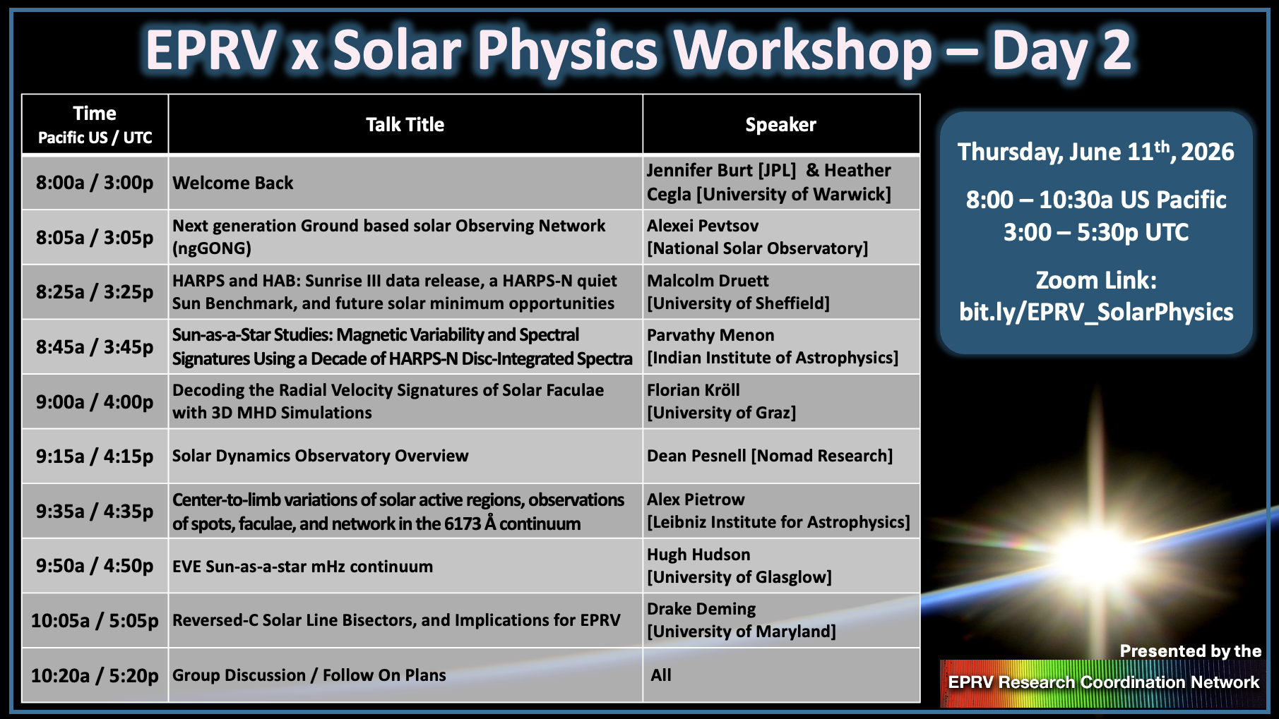 EPRV & Solar Physics Workshop Agenda -- Day 2